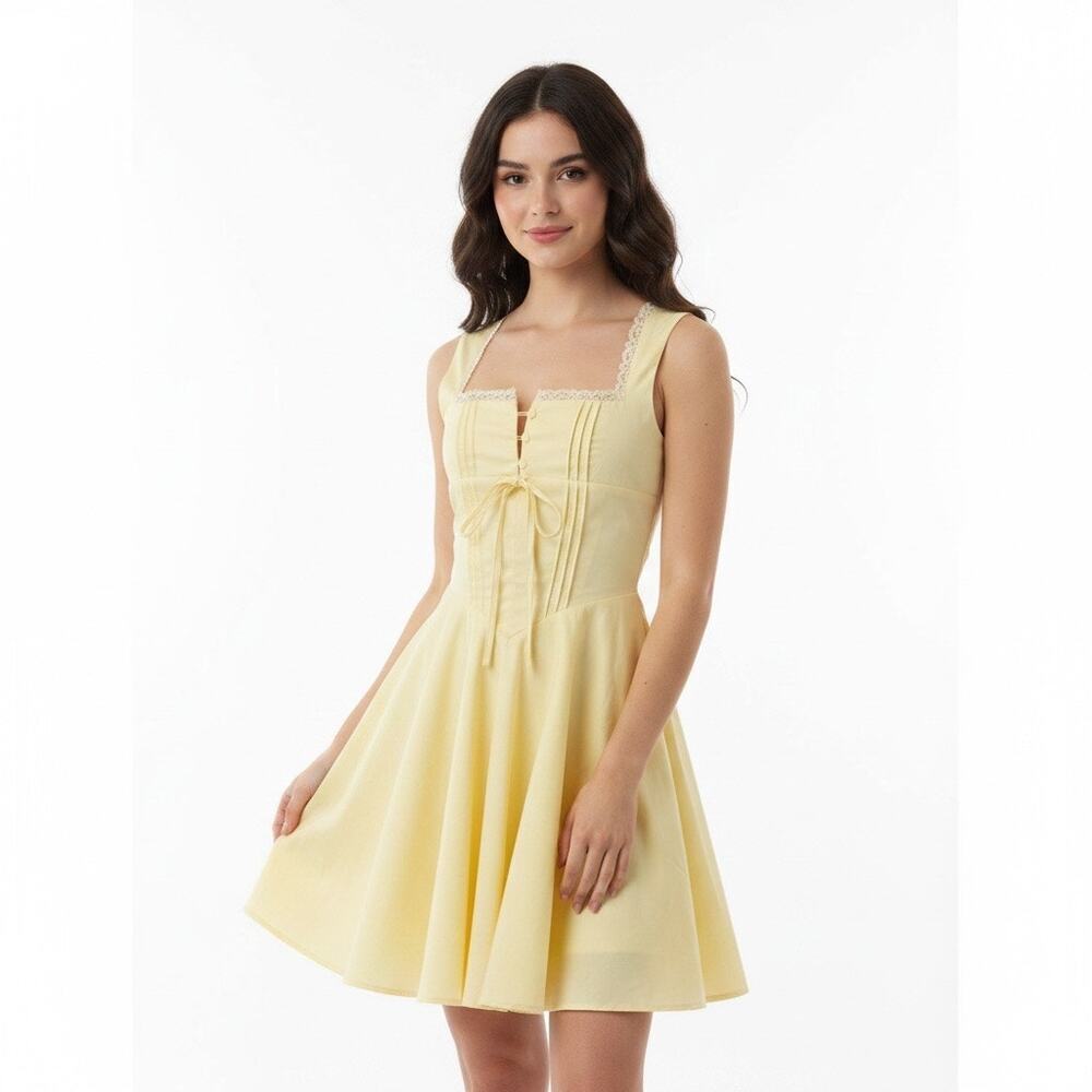 Butter Yellow Cottagecore Coquette Lace Trim Corset Fit Flare Mini Dress Small